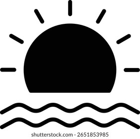 Sunrise or sunset icon over water, sea or beach concept for beach holiday atmosphere, sea activities or enjoying nature view.