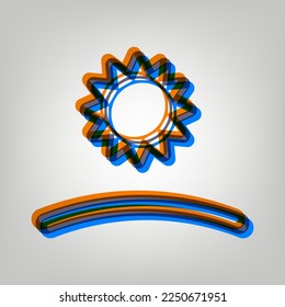 Sunrise and sunset icon. Stroked Icon in orange, azure and old lavender Colors at gray Background. Illustration.