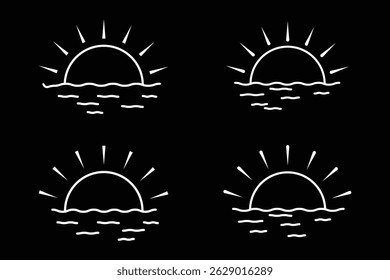 Amanecer, atardecer icono línea delgada. Diseño del logotipo del icono de la salida del sol. Ilustración vectorial plana simple. Dibujo de un atardecer, simbolizando la naturaleza o la serenidad.