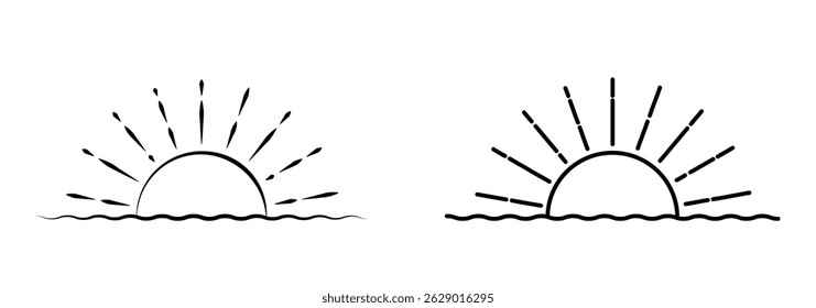 Sunrise, sunset icon thin line. Sunrise icon logo design. simple flat vector illustration. Outline drawing of a sunset, symbolizing nature or serenity.