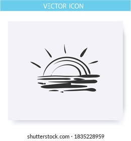 Sunrise Or Sunset Icon.Hand Drawn Sketch. Sun Reflected In Water. Ocean Of Sea Horizon. Sun Glares On Water. Summer Sign. Weather Forecast Concept. Isolated Vector Illustration 