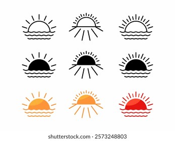 
sunrise and sunset icons with 3 different style variants, suitable for nature and weather theme designs.
