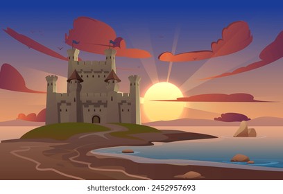 Sunrise or sunset landscape of kingdom vector flat illustration. Road to fairy tale castle on the river shore. Cartoon medieval chateau on the island. Vintage stone palace building with castle tower