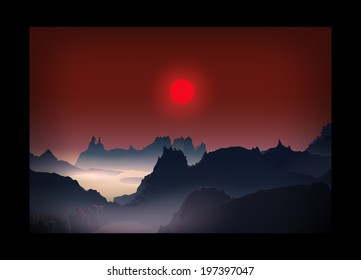 Sunrise sunset landscape. Red sun. Blue Mountains.