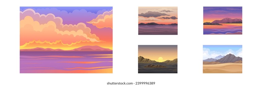 Sunrise and Sunset Landscapes with Horizon and Beautiful Sky Vector Set