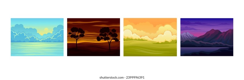 Sunrise and Sunset Landscapes with Horizon and Beautiful Sky Vector Set