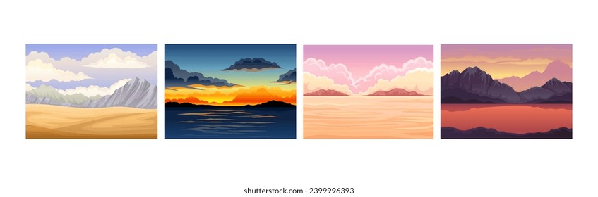 Sunrise and Sunset Landscapes with Horizon and Beautiful Sky Vector Set