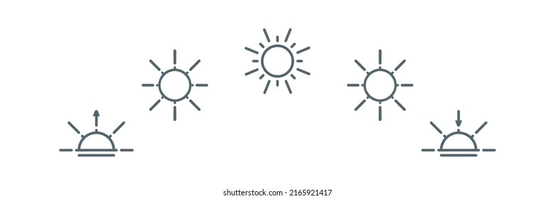 Sunrise sunset line icon set. Day time light signs. Isolated object on white background. Vector - Shutterstock ID 2165921417