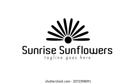 Sunrise and sunset logo inspiration concept template. Sunflowers logo identity concept design. Sun vector element for logo design. Black and white sun branding for business. Silhouette summer sunrise.