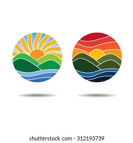 Sunrise And Sunset Logos. Showing River, Mountain, Sky  And Sun