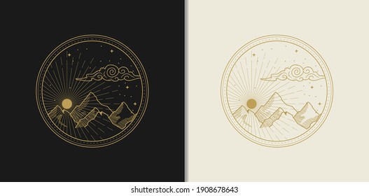 Sunrise or sunset or the moon on the mountain, decorated by clouds and stars. Abstract engraving illustration with esoteric, boho, spiritual, themes, for tarot reader, card or posters