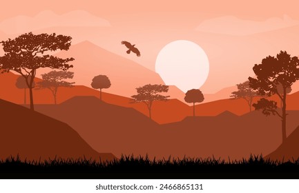 Sunrise or sunset mountain forest landscape