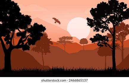Sunrise or sunset mountain forest landscape