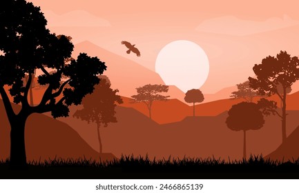 Sunrise or sunset mountain forest landscape