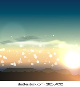 Sunrise or sunset natural vector background with light dust bokeh