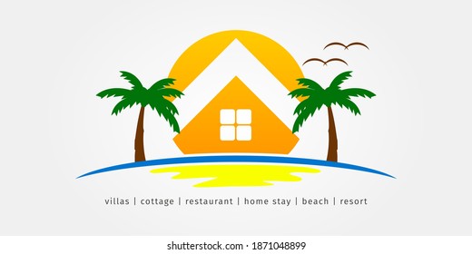 sunrise or sunset with negative space of house between palm trees illustration logo for villas, hotel, cottage, restaurant, home stay, beach, resort