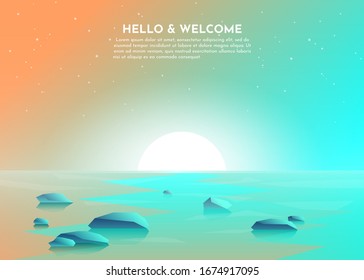 Sunrise, sunset on the lake, swamp, sea, ocean. The stones lie in the water. Realistic Vector Morning Beach. Fog over water. Abstract landscape image of nature. Minimalistic simple design. Background