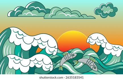 Sunrise or sunset on a stormy sea. Stylized landscape with fish in the waves in the foreground. Vector illustration