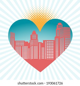 sunrise sunset over city in heart icon 