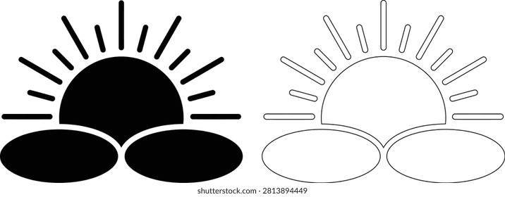 Sunrise or sunset over clouds flat vector icon set with silhouette illustration forecast environment meteorology sunlight