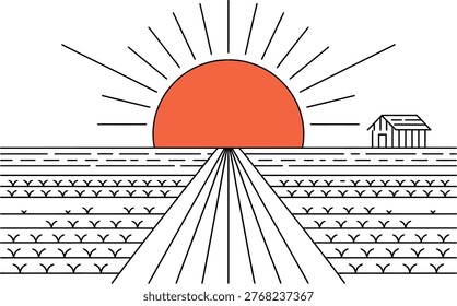 Sunrise or sunset over farm field with crops and small farmhouse icon line art black and white agriculture farmhouse landscape environment illustration cultivated peaceful tranquil