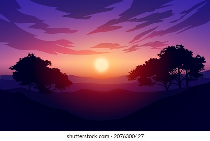 Sunrise or sunset over mountains with tree silhouettes. Mountain forest landscape