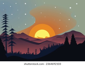 Sunrise or sunset over mountains with tree silhouettes