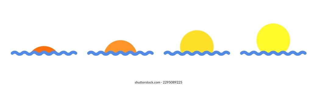 Sunrise and sunset over waves vector. Set of vector weather icons. Sun over water vector.