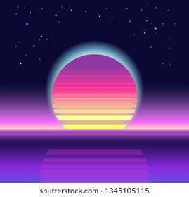 Sunrise, sunset. Retrowave, synthwave, rave, vapor background. Abstract landscape. Yesterday’s tomorrow. Retro, vintage 80s, 90s style. Black, purple, pink, blue colors. Banner, print, wallpaper, web