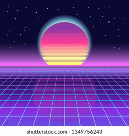 Sunrise, sunset. Retrowave, synthwave, rave, vapor background. Light grid landscape. Yesterday’s tomorrow style. Retro, vintage 80s, 90s. Black, purple, pink, blue colors. Banner, print, wallpaper