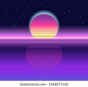 Sunrise, sunset. Retrowave, synthwave, rave, vapor background. Abstract landscape. Yesterday’s tomorrow. Retro, vintage 80s, 90s style. Black, purple, pink, blue colors. Banner, print, wallpaper, web