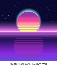 Sunrise, sunset. Retrowave, synthwave, rave, vapor, cuber punk background. Futuristic dream. Yesterday’s tomorrow. Trendy retro 80s, 90s style. Black, purple pink, blue colors. Banner, print wallpaper