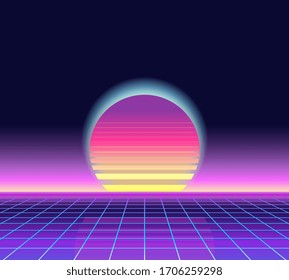 Sunrise, sunset. Retrowave, synthwave, rave, vapor background. Abstract landscape. Light grid landscape. Retro, vintage 80s, 90s style. Black, purple, pink, violetblue colors. Banner, print, wallpaper