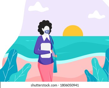Sunrise or Sunset River Background with Green Leaves and Cartoon Young Woman Wearing Medical Mask for Avoid Coronavirus Pandemic.