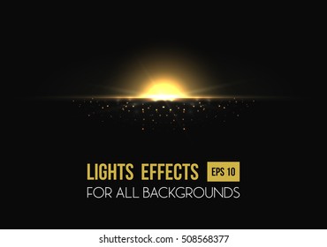 Sunrise or sunset, shiny light effect on transparent background. Sun beam or star flare template. Sunburst poster backdrop or radiance placard, bleak or gold horizon line