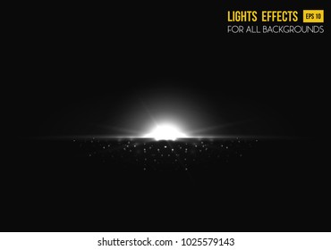 Sunrise or sunset, shiny sun light effect on transparent background. Sun beam or flare template. May be used for sunburst poster or star placard, sunbeams radiance
