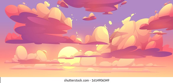 Sunrise or sunset sky with clouds. Vector cartoon illustration of beautiful evening or morning cloudy heaven colored in orange and purple. Summer gradient sky scene