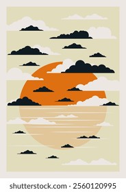 Sunrise or sunset sky seascape with clouds. Vector cartoon illustration of beautiful evening seaside