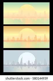 Sunrise, sunset sky vector cityscape set