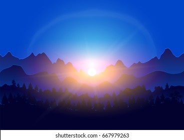 Sunrise (sunset) of the sun in the mountains in vector