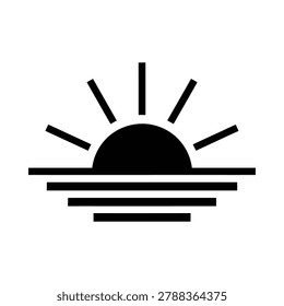 Sunrise or sunset sun over the water horizon line icon with landscape, sunlight