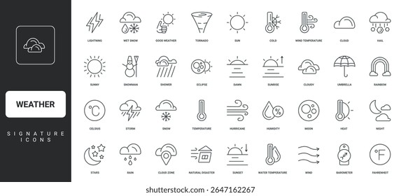 Sunrise and sunset, sunny and cloudy weather, hail, disaster thin black symbols vector illustration. Weather forecast, sun and moon, eclipse and night with stars, heat and cold line icon set.
