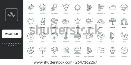Sunrise and sunset, sunny and cloudy weather, hail, disaster thin black symbols vector illustration. Weather forecast, sun and moon, eclipse and night with stars, heat and cold line icon set.