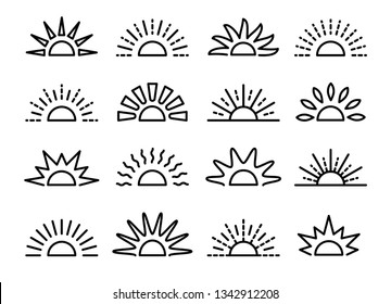 Sunrise & sunset symbol collection. Horison line vector icon set. Morning sun light signs. Isolated object on white background.