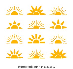 Sunrise & sunset symbol collection. Horizon flat vector icons. Morning sun light signs. Isolated objects