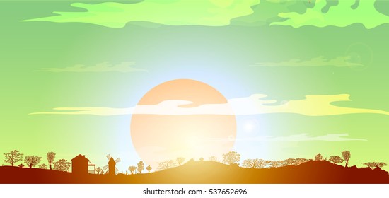 sunrise, sunset, terrain with trees farm EPS 10