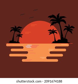 sunrise or sunset themed flat design,
beautiful and relaxing natural scenery illustration for vacation