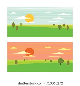 Sunrise and sunset, trees, sky and sun.