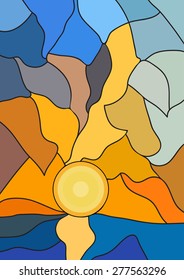 Sunrise or sunset, vector illustration in stained glass window style