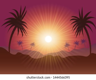 Sunrise / sunset vector landscape with palm trees, in red and orange. For background, decoration.